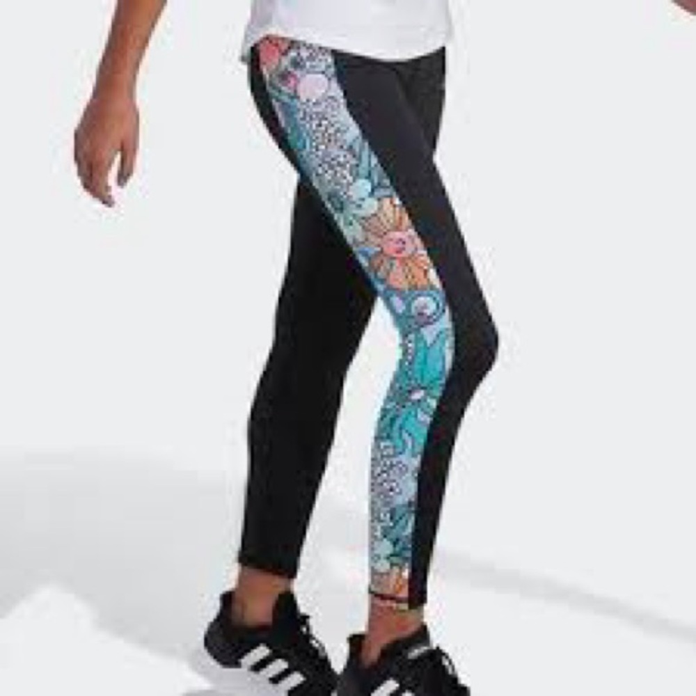 Adidas Kids Black Leggings with Vibrant Floral Panels